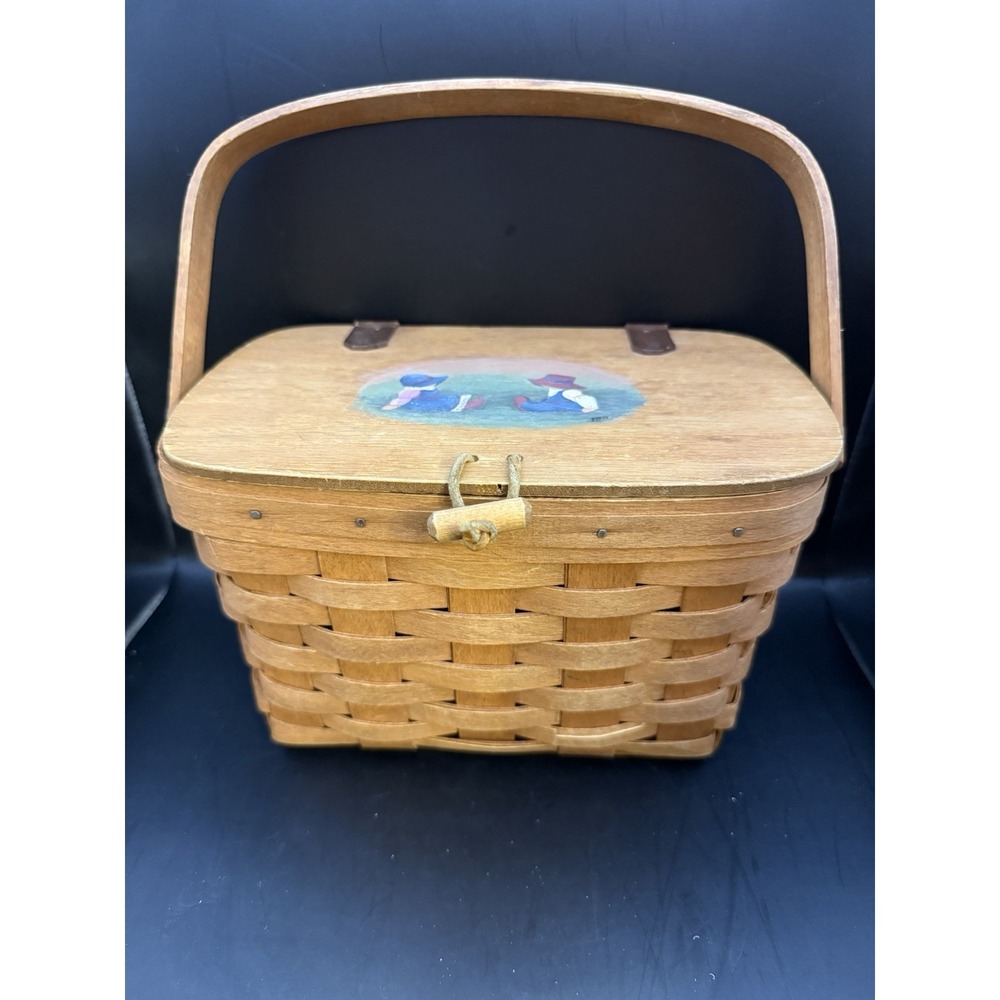 Longaberger Basket with Lid Hand Painted Signed Vintage Dresden Ohio